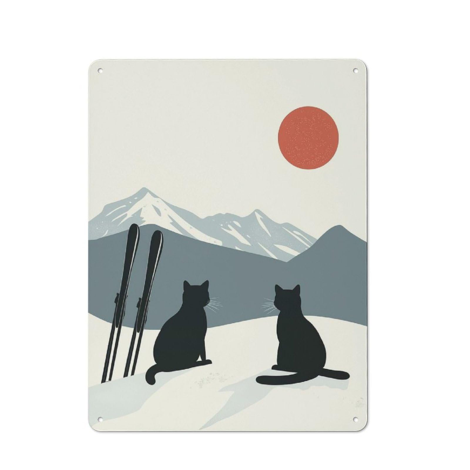 Junmoney Style-18 Ski Cat On Snowy Mountain Metal Wall Plaque For Seasonal Kitchen, Dining Room Or Entrance, Christmas Gift For Friends And Family, 40X30cm