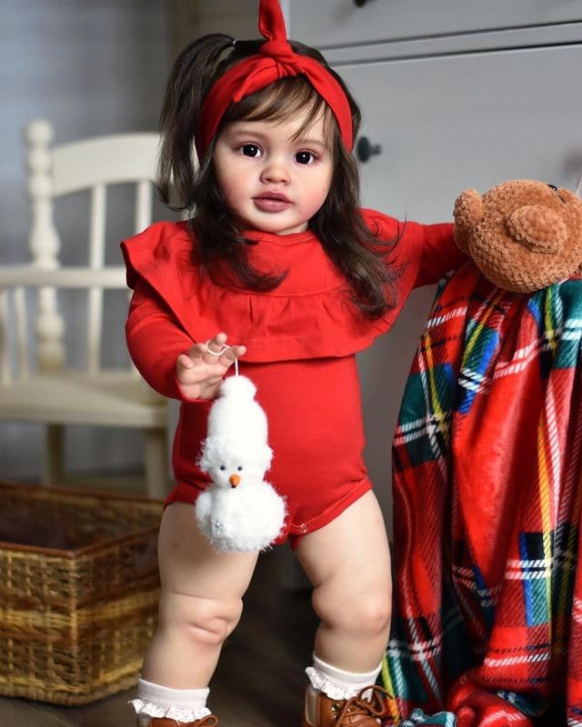 Pinky Reborn Reborn Baby Dolls 26 inch 66 cm Realistic Newborn Baby Girl Dolls with Long DK Brown Hair Real Size Dolls for Children