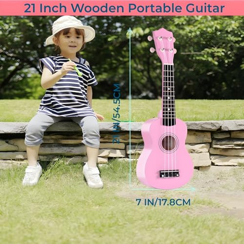 Image of Jakeloo 21 Inch Wooden Acoustic Guitar for Toddler, Kids Guitar Toy, Musical Instrument, Ideal for 3-9 Year Old Boys Girls, Pink