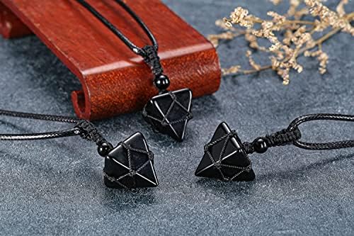 JSDDE Mens Crystal Stone Necklace Healing Gemstone Adjustable Rope Braided Black Obsidian Pyramid Pendant Necklace Christmas Gift