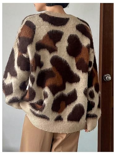 WDIRARA Women's Leopard Print Sweater Crew Neck Long Sleeve Pullovers Loose Knit Top2