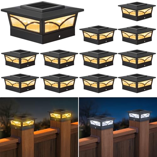 APONUO Solar Post Cap Lights, 2 Color Modes Fence Post Solar Lights for 3.5x3.5 4x4 Wooden/Vinyl Posts, Outdoor Waterproof Fence Deck Posts Light Solar Powered for Garden/Patio/Porch, Black 12 Packs