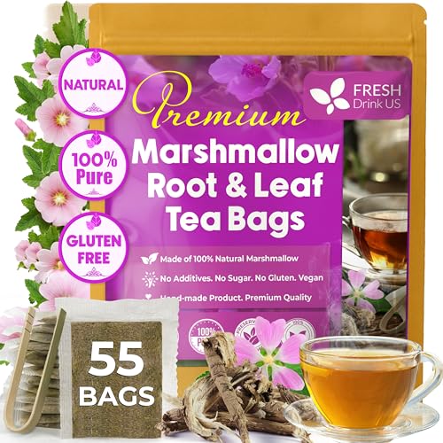 Image of FreshDrinkUS, Premium 55 Marshmallow Root and Leaf Tea Bags, 100% Natural & Pure. Loose Leaf Marshmallow Herbal Tea. Made with Eco-Conscious Tea Bags. No Sugar, No Caffeine, No Gluten, Vegan.