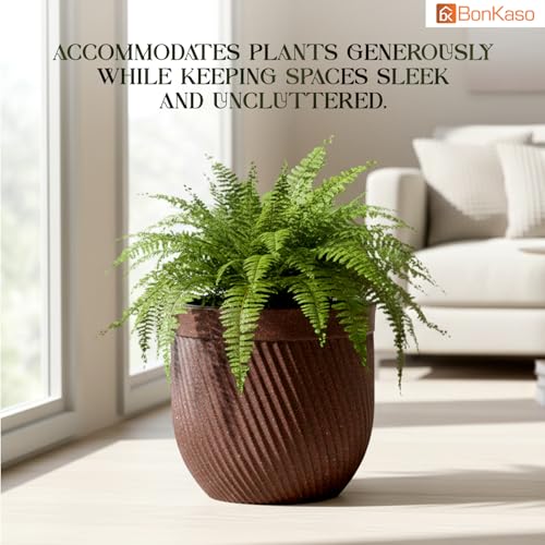 Image of Bonkaso 10 Inch Seltos Ribbed Planter for Indoor & Outdoor Use | Round Heavy Duty Polymer Flower Pot | Lightweight Weather Resistant Modern Gamla for Living Room Balcony & Terrace (Brown)