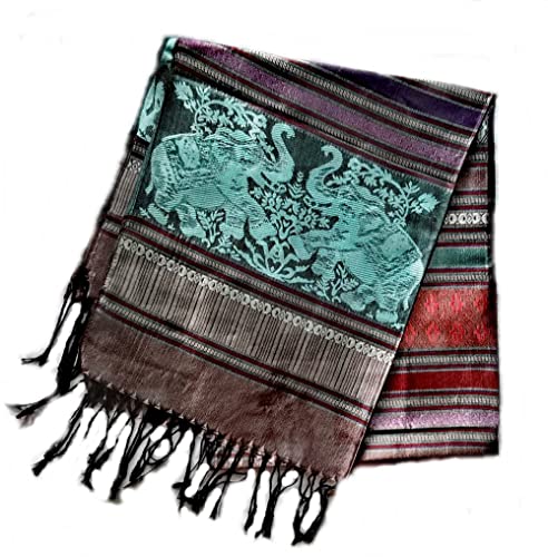 Thai Silk Scarf Woven Shawls Pashmina Dark Brown Elephant Traditional Women Wrap Dress 1 Piece