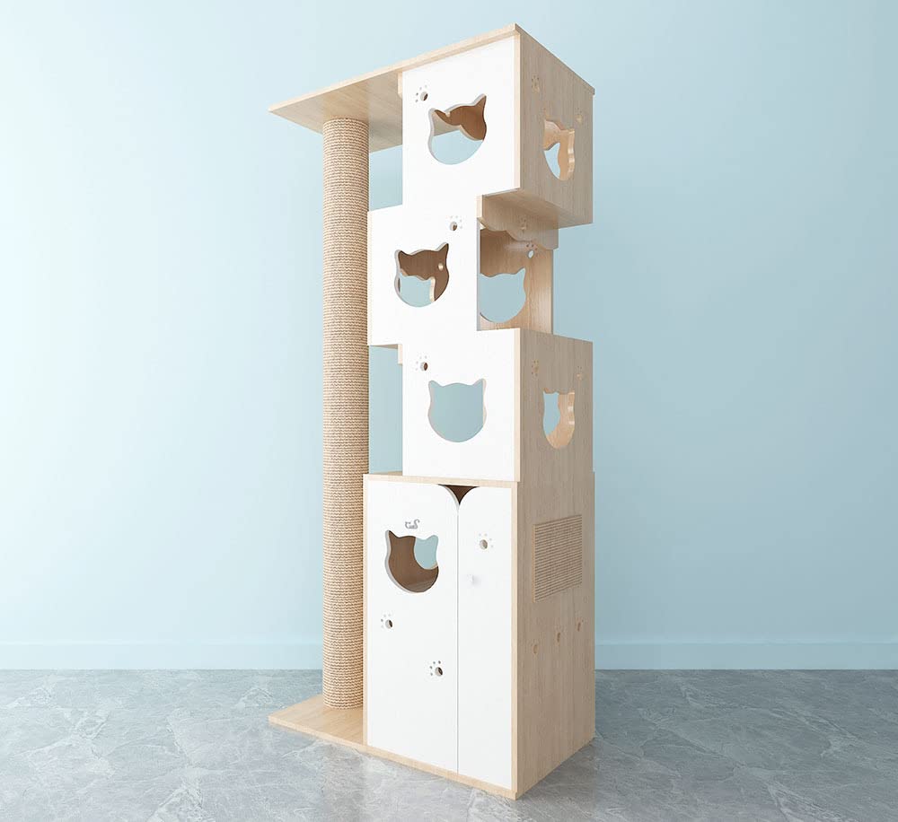 CatS Design drapak i kuweta dla kota 2 w 1 dąb biały szlachetny, stabilny, z szafką dla kota