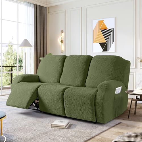 Image of Ruaozz Recliner Couch Covers 3 Pieces Sofa Recliner Covers with Pockets Stretch Reclining Slipcover Washable Furniture Protector with Elastic Bottom (3 Seater, Army Green)