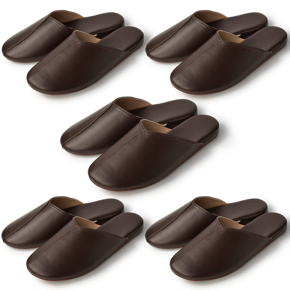 [YAKIDA] スリッパ レザー 高級スリッパ 業務用 来客用 室内 ルームシューズ 静音 滑り止め 男女兼用 (3XL ダークブラウン(5足セット))