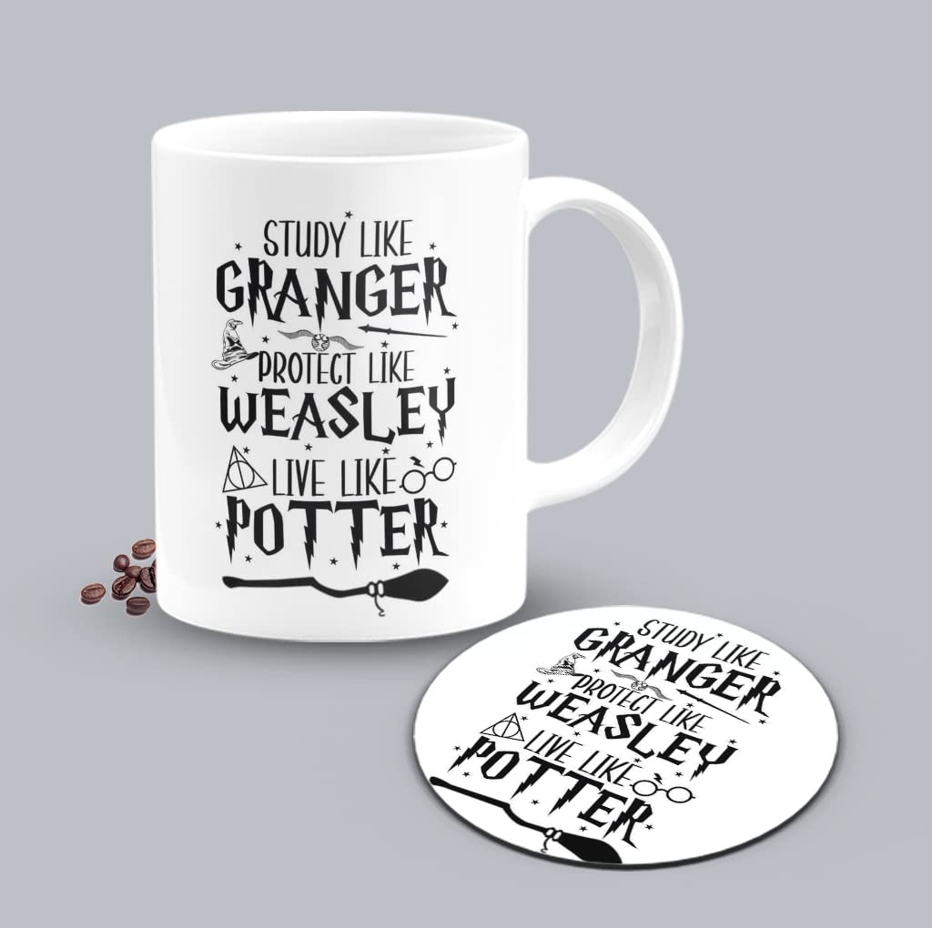The Desi Monk Study Like Granger Protect Like Weasley Live Like Potter Printed White Mug with Coaster Combo | This Mug is Microwave and Dishwasher Safe 330ml | TEAMUG-232