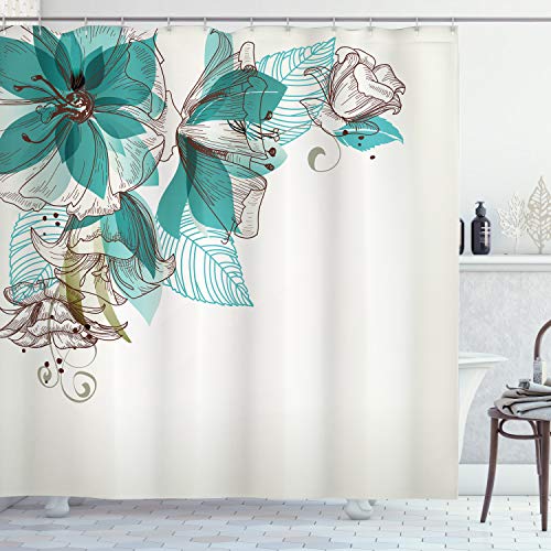 ABAKUHAUS Turquoise Shower Curtain, Flowers Buds Leaf at the top Left Corner Season Celebrating Theme