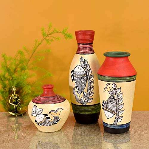 Image of Aakriti Art Creations Handpainted Earthen Vases with Madhubani Art Set of 3 | Red & Shimmer Gold Terracotta Flower Vases | Matte Finish Decorative Vases for Living Room, Table Decor & Gifting