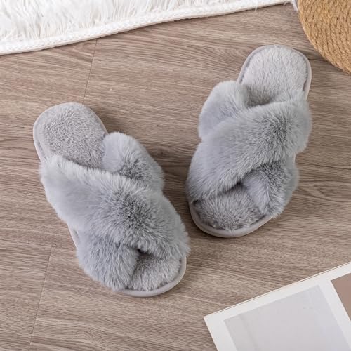 Image of Enteer Women's Slipper Memory Foam Cross Band Fuzzy Slippers Open Toe Cozy House Slippers Cozy Plush Bedroom Indoor Outdoor