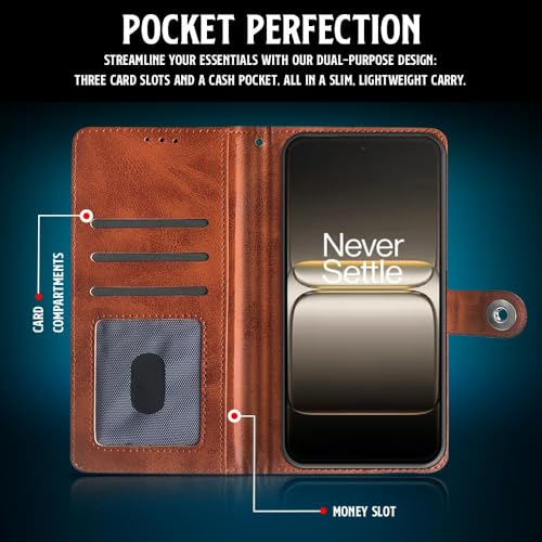 Image of WOW IMAGINE Shock Proof Flip Cover Back Case for 1+ OnePlus Nord CE 5 5G (Magnetic Button Flip Case | Wallet Pockets & Stand | Leather Finish | Alder Brown)