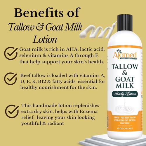 Handmade Tallow & Goat Milk Body Lotion for Sensitive Skin, Organic moisturizing Lotion - Soothes Dry skin, Goat Milk face and body Moisturizer - Handmade Tallow for skin cream (12 OZ, Oatmeal & Honey)