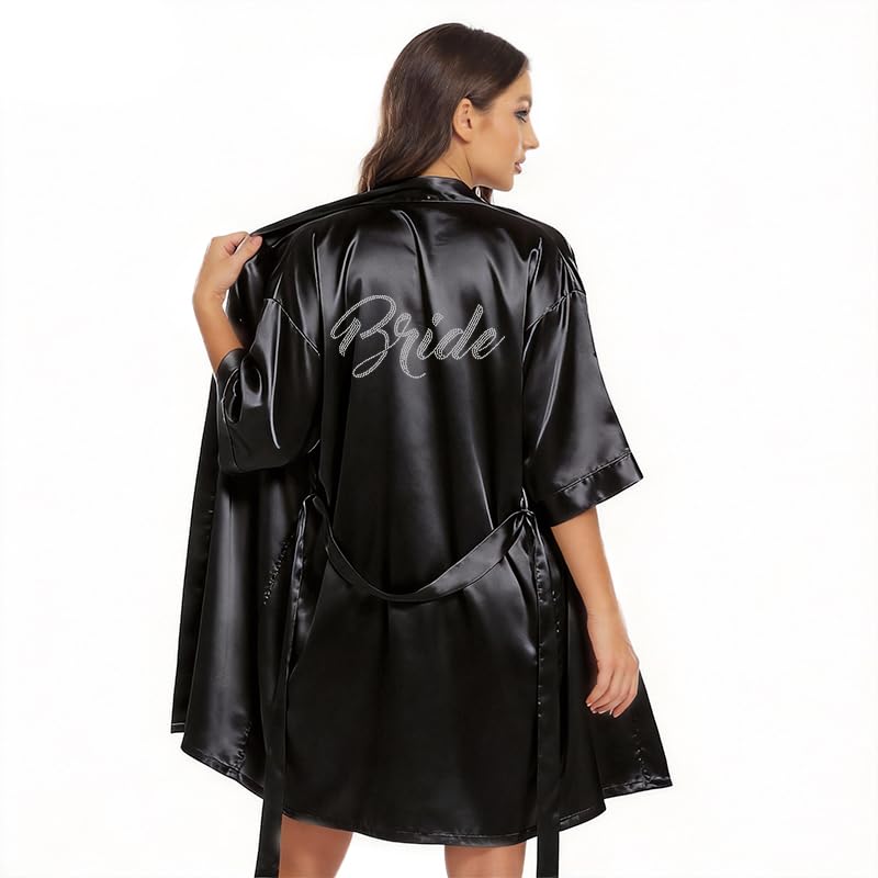 Image of Women's Bride Bridesmaid Robes Short Satin One Size Silver Rhinestones Wedding Party Getting Ready Sleepwear