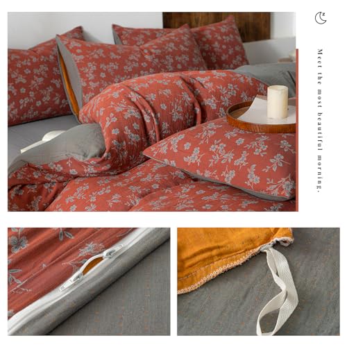 Image of VM VOUGEMARKET Linen Cotton Duvet Cover Set Queen Size,Rust Red Floral Print, Double Layer Gauze, Soft Breathable Bedding Set with Zipper Closure, 3 Pieces (1 Duvet Cover + 2 Pillow Shams)