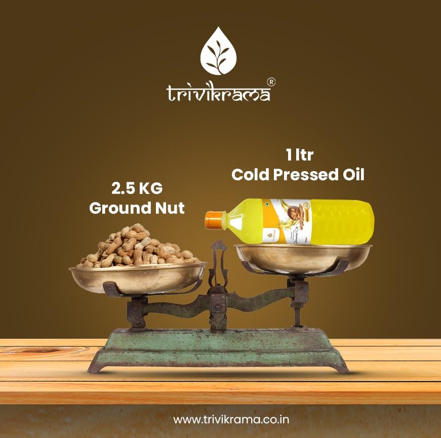 Image of Trivikrama Premium Cold Pressed Groundnut Oil | Peanut Oil | Moongfali Ka Tel | Kolhu /Kachhi Ghani /Chekku /Wood Pressed | Chemical Free | Natural Cooking Oil For Deep Frying And Baking 1L - (Pack Of 1)