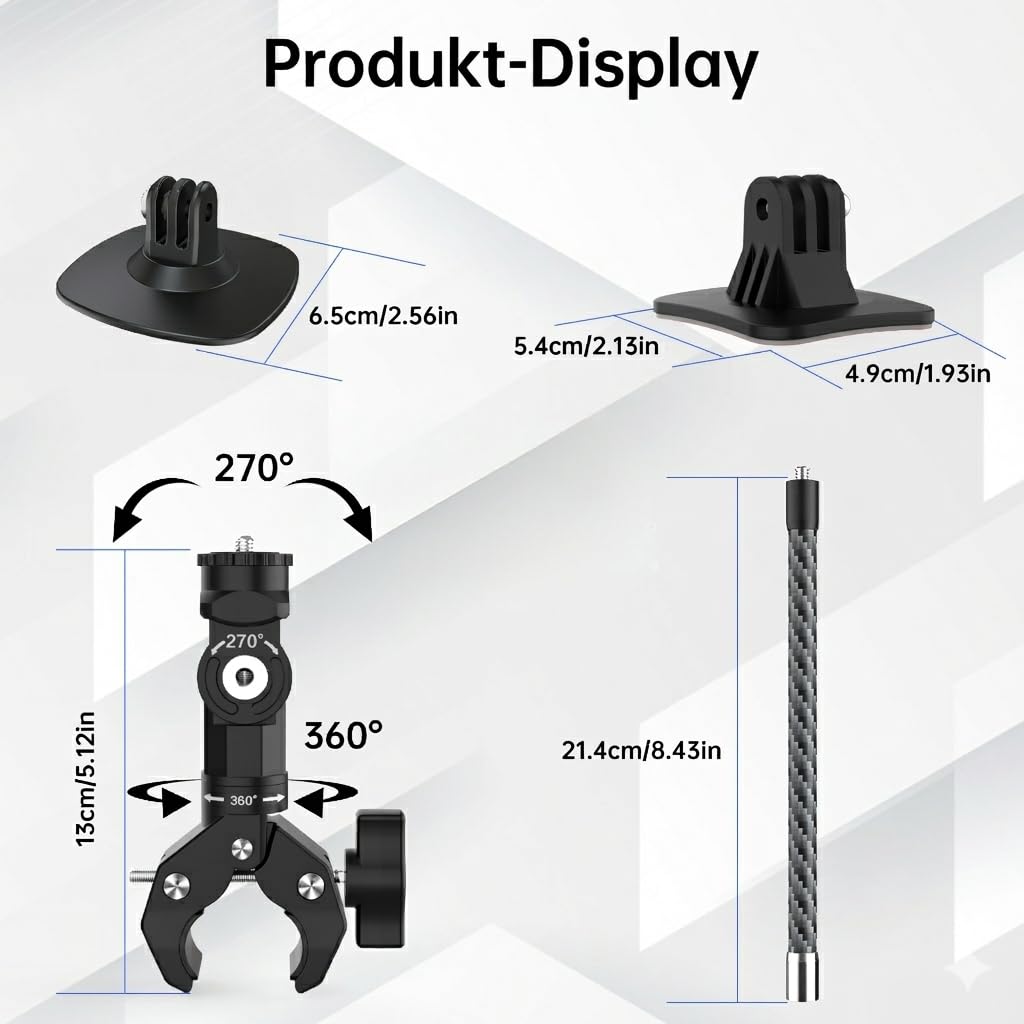 Action-Kamera-Zubehör,Action Cam Motorrad Halterung | Action-Kamera Zubehör-Set für Lenker, Carbon-Verlängerung (20 cm), für Insta360 X5 X4 X3 GO 3S GoPro DJI Osmo Action