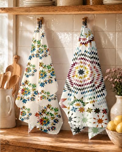 Image of Miss Adola 4pcs Flour Sack Kitchen Towels - 16x26 Inch Cotton Dish Towels Set of 4 with Hanging Loop Reusable Geometric Boho Modern Retro Tea Towel Absorbent Dishcloths Home Decor, Starburst Design