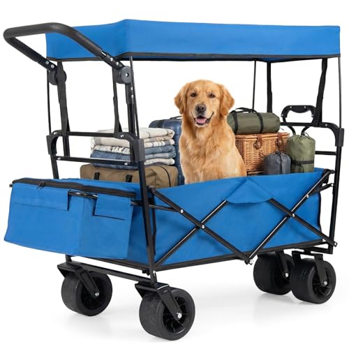 COSTWAY Bollerwagen faltbar mit Dach, Strandwagen mit verstellbarem Griff & Abnehmbarer Aufbewahrungstasche, Handwagen bis 100 kg Belastbar, Gartenwagen 100L, Transportwagen für Camping (Blau)