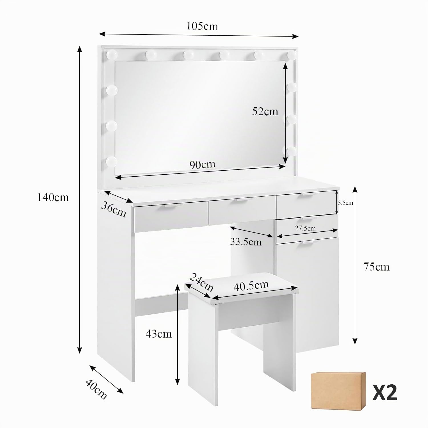 CLIPOP Tavolino da Trucco con Specchio a LED, Tavolino da Trucco con sgabello, Tavolino da Toilette con 4 Cassetti e 1 Contenitore Chiuso per la Camera da Letto