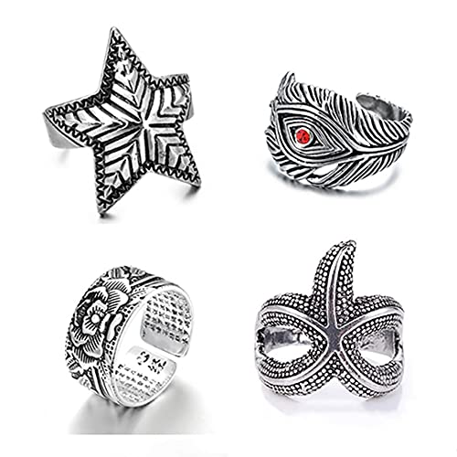 Image of GANGYUN 4 Pcs /Set Adjustable Cobra Snake Starfish Lotus Flower Yoga Finger Ring Open Wolf Eagle Dragon Claw Rings Sets Jewelry