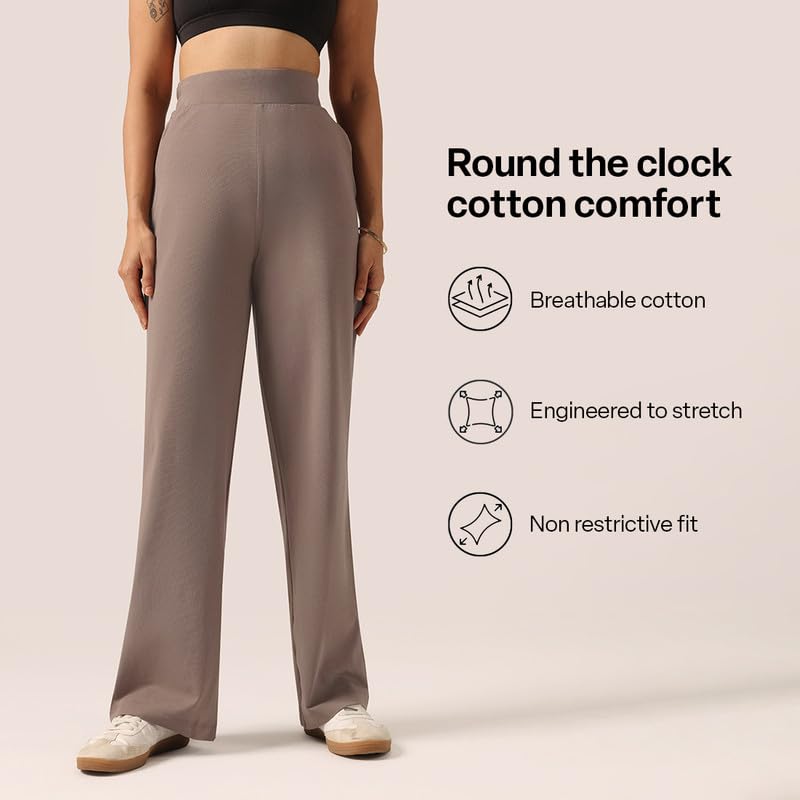 Image of BlissClub Women AM PM Cotton Wide Leg Pants | Wide Waistband | High Rise | Drawstring | 2 Pockets