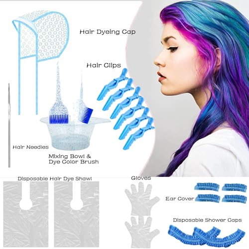 Kit de coloração de cabelo com 19 peças, kit de tingimento de coloração de cabelo profissional azul