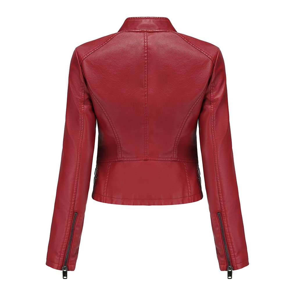 YYNUDA Chaqueta de piel con tachuelas cortas para mujer, color sólido y manga larga, estilo moto Biker