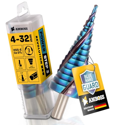 Stufenbohrer Ø 4-32 mm / 15 Stufen / 10 mm Schaft/Kegelbohrer HSS-E Co 5% / Amboss PowerStep 3 TiAlSiN Blue Nano Guard/Lochbohrer geeignet für Stahl, Edelstahl, Aluminium, Kunststoff, Acrylglas