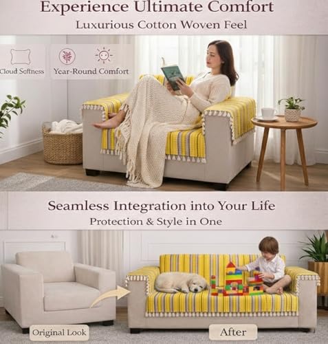 Image of STITCHNEST Woven 1 Seater Sofa Protector with 2 Hand Rest Covers - Yellow & White Stripe Design - Washable Fabric with Tassels - Stylish Sofa Cover for Modern Living Room & Furniture Decor