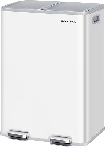 SONGMICS Bote de basura, 2 x 8 galones (2 x 30 L) de doble compartimento con tapa de cierre suave, pedal y cubos interiores, acero inoxidable,