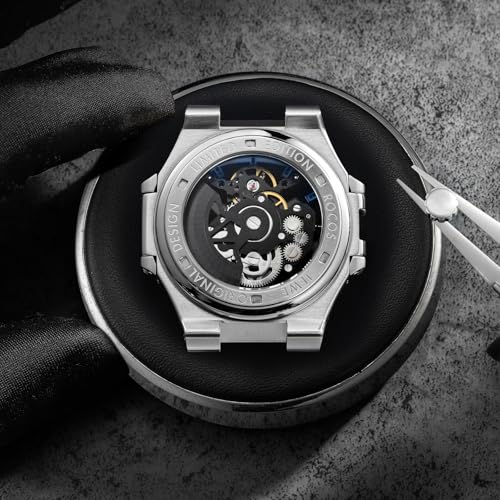 Image of ROCOSJEWE Classic Luxury Blue Dress Watch for Men, Automatic Mechanical Wristwatch, Water-Resistant, Date Display, Luminous Skeleton Dial, Stainless Steel Bracelet, Gift for Men R0139