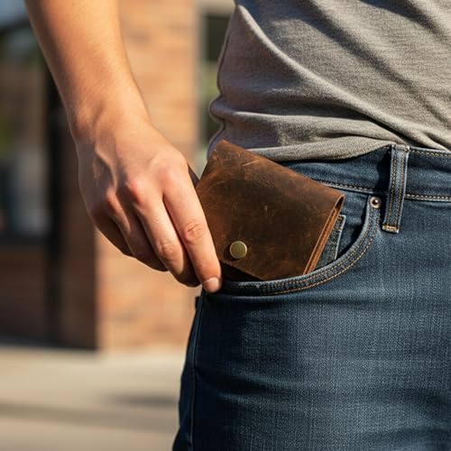 Image of STRUTT Crushed Finish Genuine Leather Batua Wallet for Men & Women | Handcrafted Brown Leather Cash & Card Holder | Snap Button Closure | Compact Traditional Money Pouch