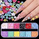 editTime 3D Colorful Flower Nail Art Charms, White Pink Acrylic Cherry Blossom Spring Petal Metal Gold Silver Round Caviar Beads Studs Pearl Rhinestones for Manicure Craft DIY (7-K3-solid)