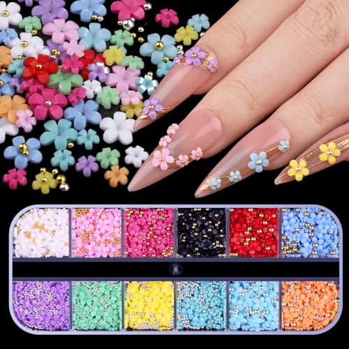 3D Colorful Flower Nail Art Charms White Pink Acrylic Cherry Blossom Spring Petal Metal Gold Silver Round Caviar Beads Studs Pearl Rhinestones for Manicure Craft DIY (7-K3-solid)