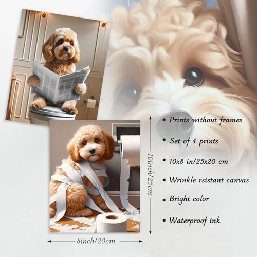 Dazzlewall 4Pcs Lustige Hund Badezimmer Wandkunst, Pudel Mit Toilettenpapier Badewanne Hund Bild Druck Skurriles Tier Poster für Badezimmer, 8x10 zoll Ungerahmt