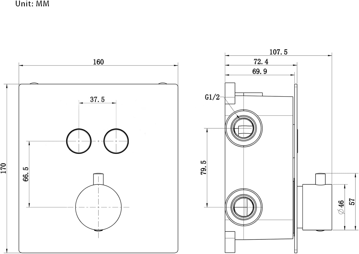 Shower Diverter Valve, 2-Function Shower Diverter Thermostatic Valve Works Individually,Brass Concealed Thermostatic Mixer Valve with 2 Round Knobs,Chrome