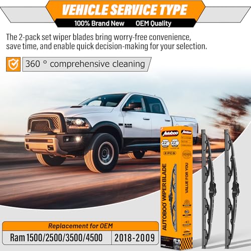 Image of AUTOBOO Windshield Wiper Blade Replacement for Dodge Ram 1500 | Fits Ram 1500 /2500 /3500 /4500 2009-2018, 22 inch+22 inch, 2-pack, J /U hook, smooth, quiet, streak-free wiping