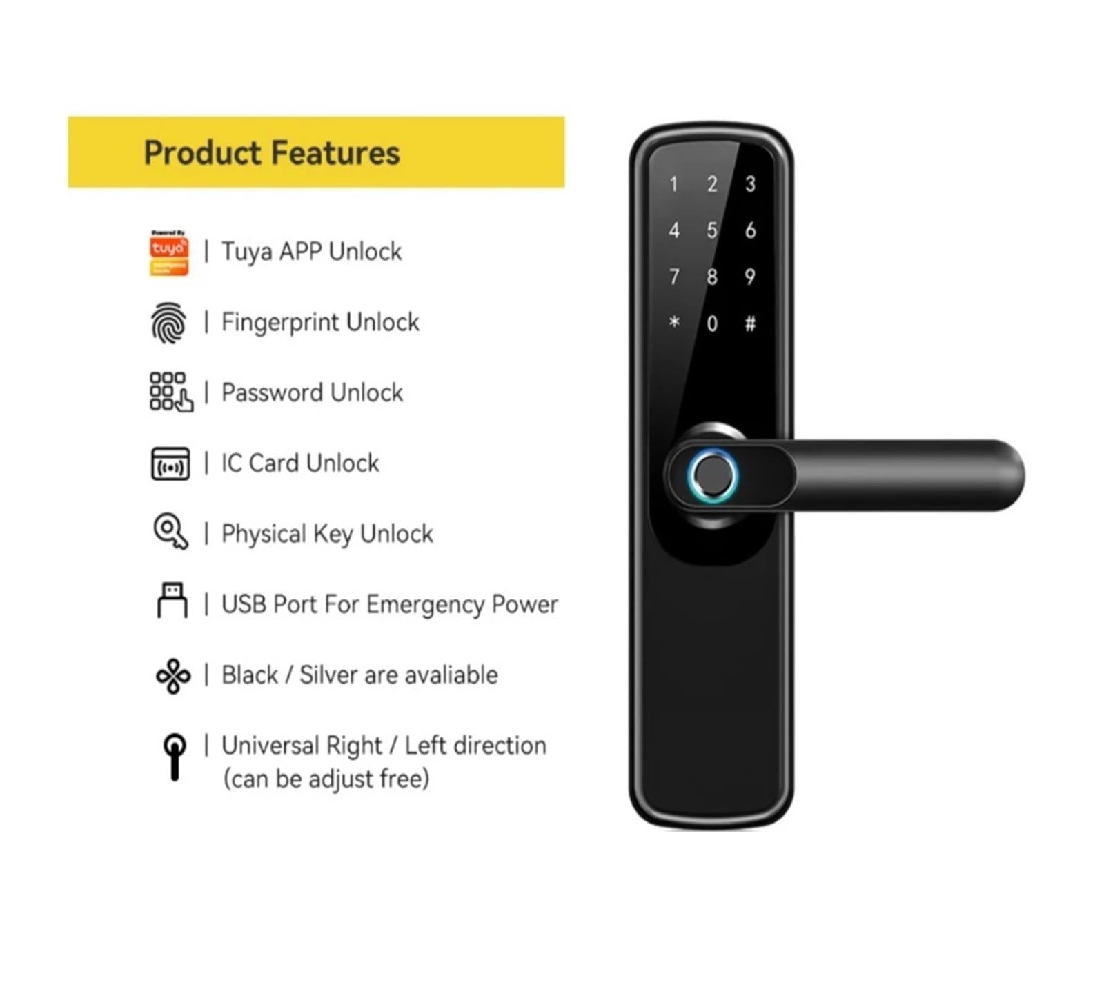 Serrure de porte électronique intelligente, serrure de porte à empreintes digitales, entrée sans clé, avec poignée, contrôle par application, for le bureau et la maison(Silver)