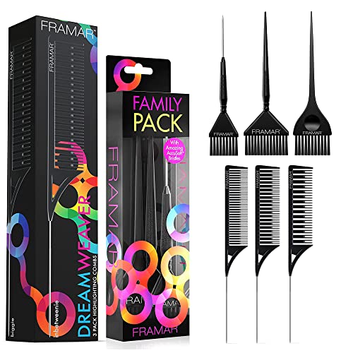 FRAMAR Dreamweaver Highlight Comb Set + Framar Family Hair Color Brush Set - Hair Dye Brush Kit