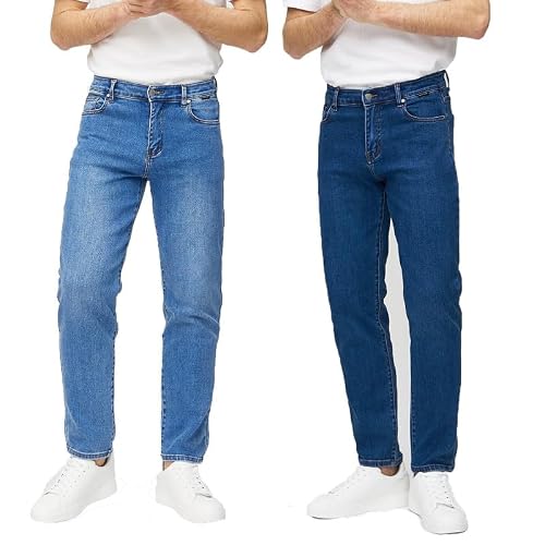 Image of Mens 2 Pack Straight Leg Jeans Heavy-Duty 100% Cotton Denim Trousers, Regular Fit Workwear Jean for Men, Zip Fly Belt Loop with Pockets, Classic Durable Casual Pants Dark Blue & Light Blue 38/27