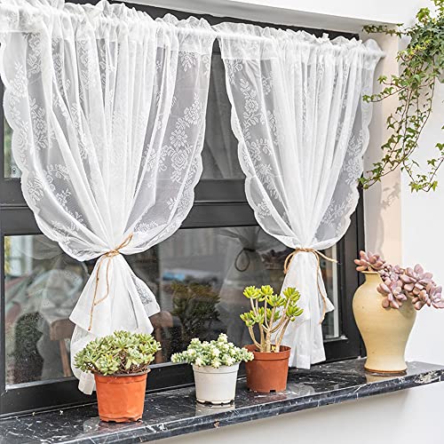 Lace Tier Curtains Semi Sheer Floral Lace Embroidered Voile Tiers For Small Window Decoration Farmhouse Cafe Kitchen Rod Pocket Window Treatment Sheer Tiers Curtain (2 Panels, White, W29 X L19Inch) #TOP3
