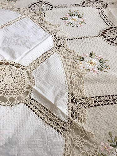 Handmade Tablecloth Silk Ribbon Embroidery Exquisite Crochet Panels Cotton Fabric Linens Vintage Wedding Tablecloths (72 Inch Round Color Beige) #TOP5