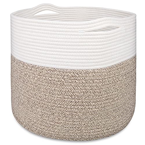 سويت ميمو سلة تخزين كبيرة مقاس 40 × 35 سم، سلال بطانيات، سلال من الحبال القطنية لغرفة المعيشة، سلة الغسيل، سلة العاب، سلال تخزين دائرية مزخرفة لتنظيم البطانيات - ابيض وبني