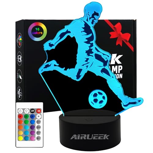 AIRUEEK regalos para niños futbolistas, Luz de noche futbolin 3d LED lámpara con control remoto, Idea Regalos para Navidad, Cumpleaños, Comunión para Niños, Niñas