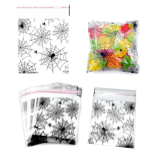 FAZHBARY 100 PCS Halloween Spider Web Treat Bags 4x5 inches Clear Plastic Cellophane Goodie Bags for Party Favor Supplies