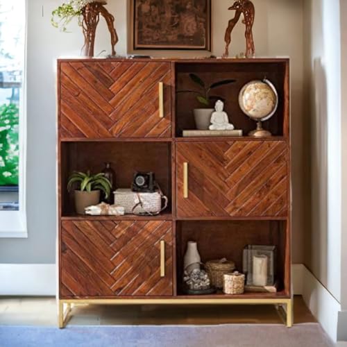 Image of Solid Wood Open Book Shelf with 3 Doors for Living Room, Bedroom, Studyroom, Hall & Home, Brown Colour, (115.062d x 39.878W x 142.24H cm)