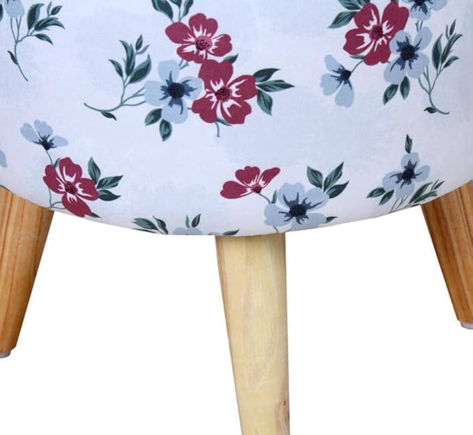 Image of Ottoman for Living Room, Velvet Round Foot Rest Stool, Wooden Legs Chair for Sitting, Ottoman for Bedroom & Makeup Room Decor | Chair (18 inchx18 inchx32 inch), Puffy (16 inchx16 inchx17 inch) | White Flower