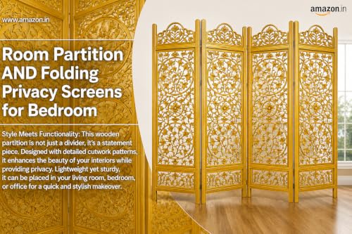 Image of Wooden Room Partition and Folding Privacy Screens Wooden Room Divider for Bedroom Home Office Room Divider Room Partition (6 Feet 4 Panel Golden Each Panel 72X20 Inch)